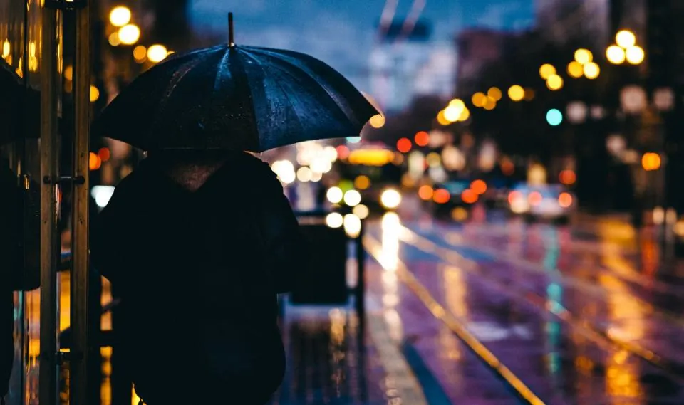 A person under an umbrella on a rainy city street at night