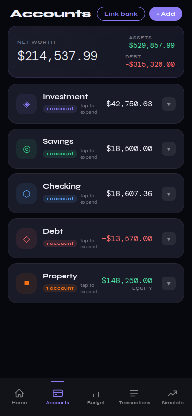 Simura accounts screen showing net worth broken down by assets and debt