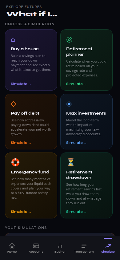 Simura simulate screen listing house, retirement, debt, and investment scenarios